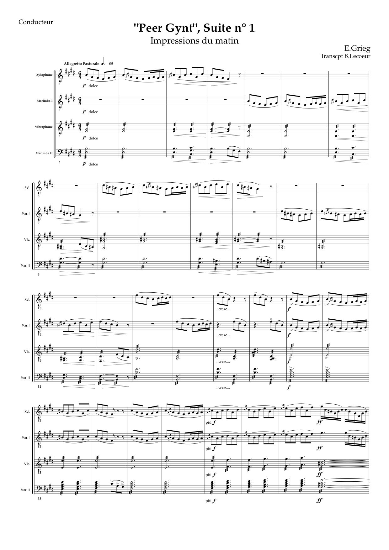 Free Sheet Music Grieg Edvard Morning Mood Percussion Ensemble