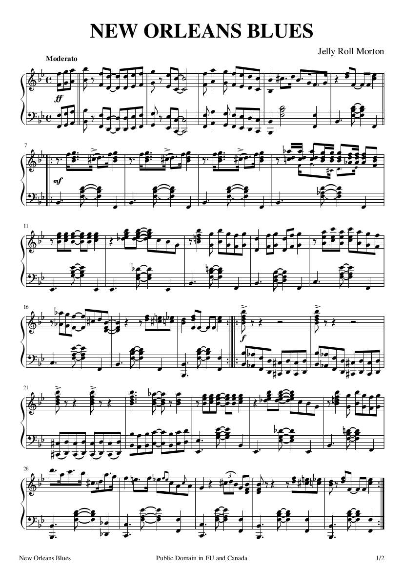 Free sheet music : Morton, Jelly Roll - New Orleans Blues (Piano